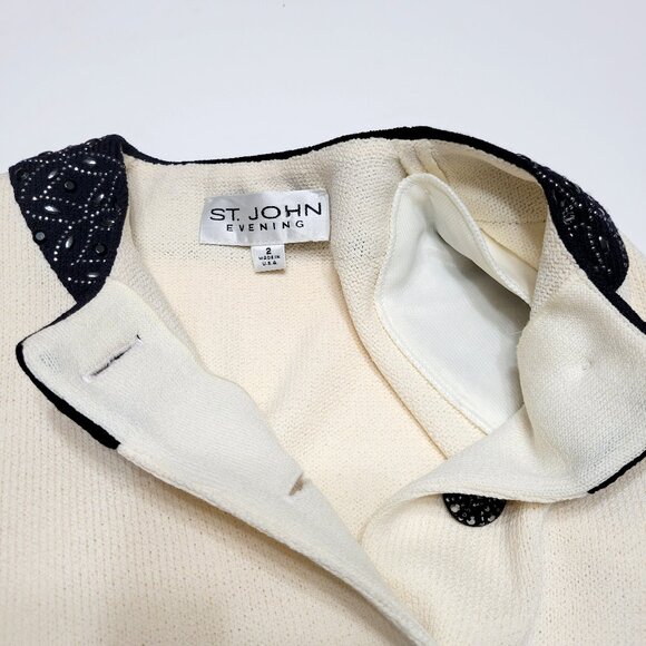 ST JOHN Evening Womens Beaded Santana Knit Jacket Size 2 Buttons Cream & Black - Picture 5 of 14